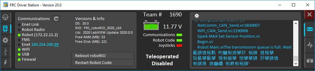 Chinese character appearing in the Driver Station log window.
