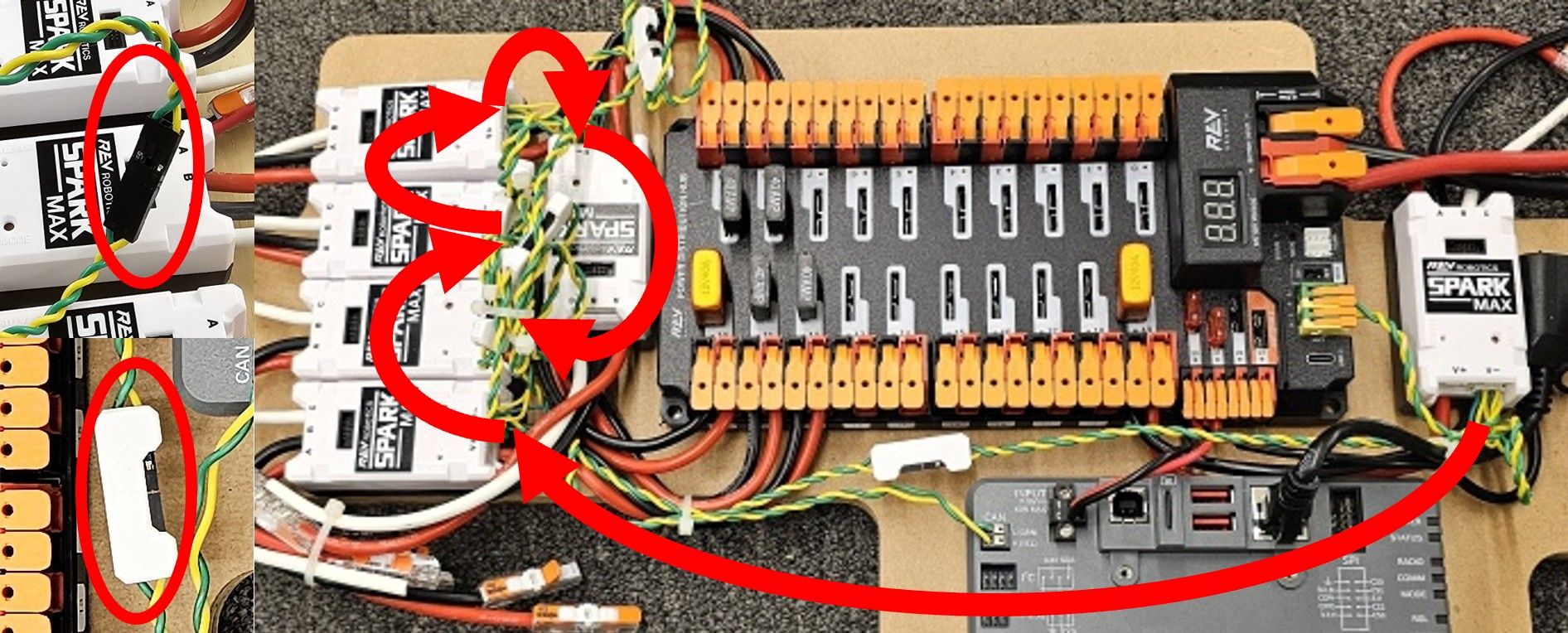A pair of images, one showing a single CAN bus connection between SPARK MAX controllers and one showing a full robot control system with annotations for the CAN chain order.