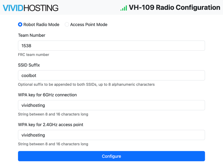 The top section of the radio configuration page