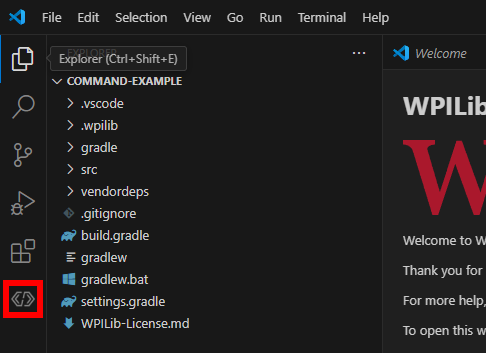 The activity bar of VS Code showing the WPILib icon that opens the Dependency Manager.