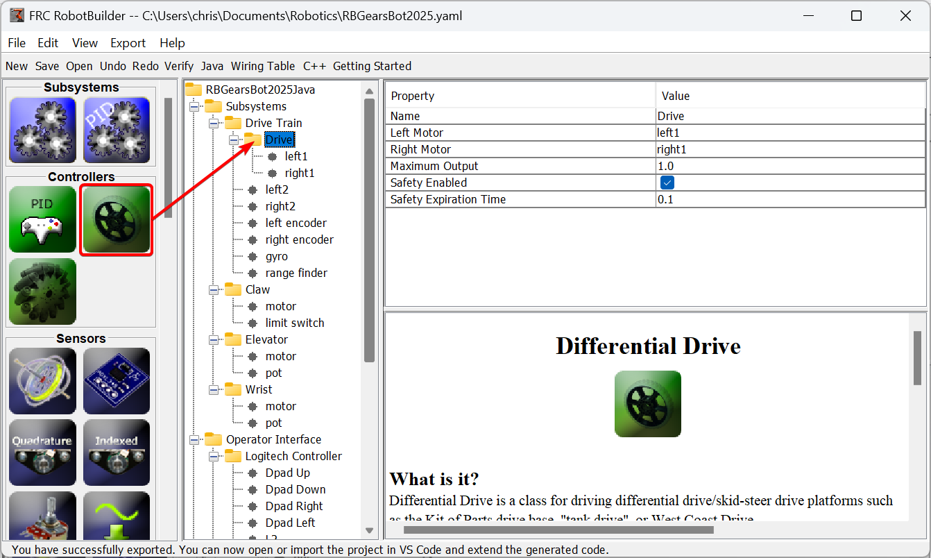 Dragging differential drive from palette to tree