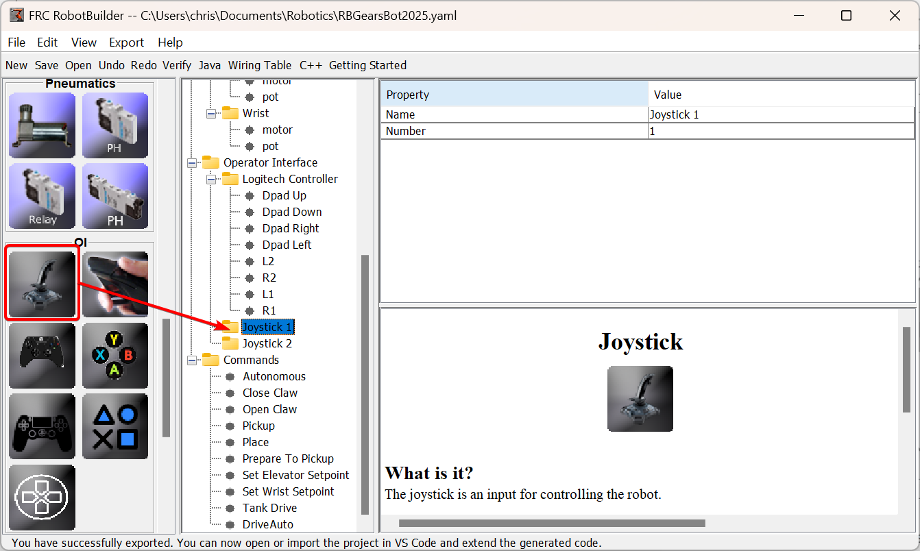dragging joystick from palette to tree