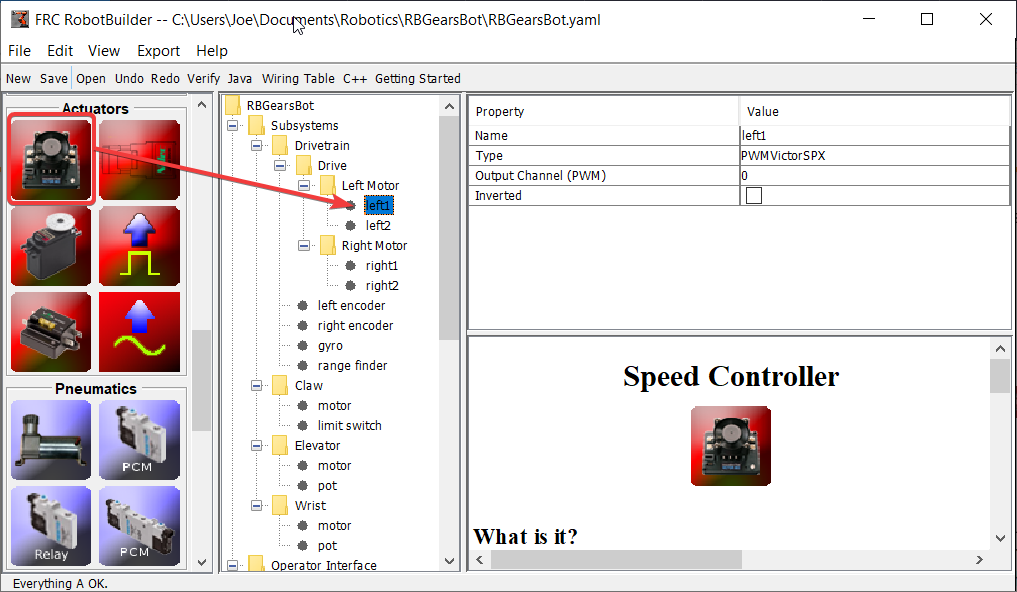 Dragging motor controller from palette to tree