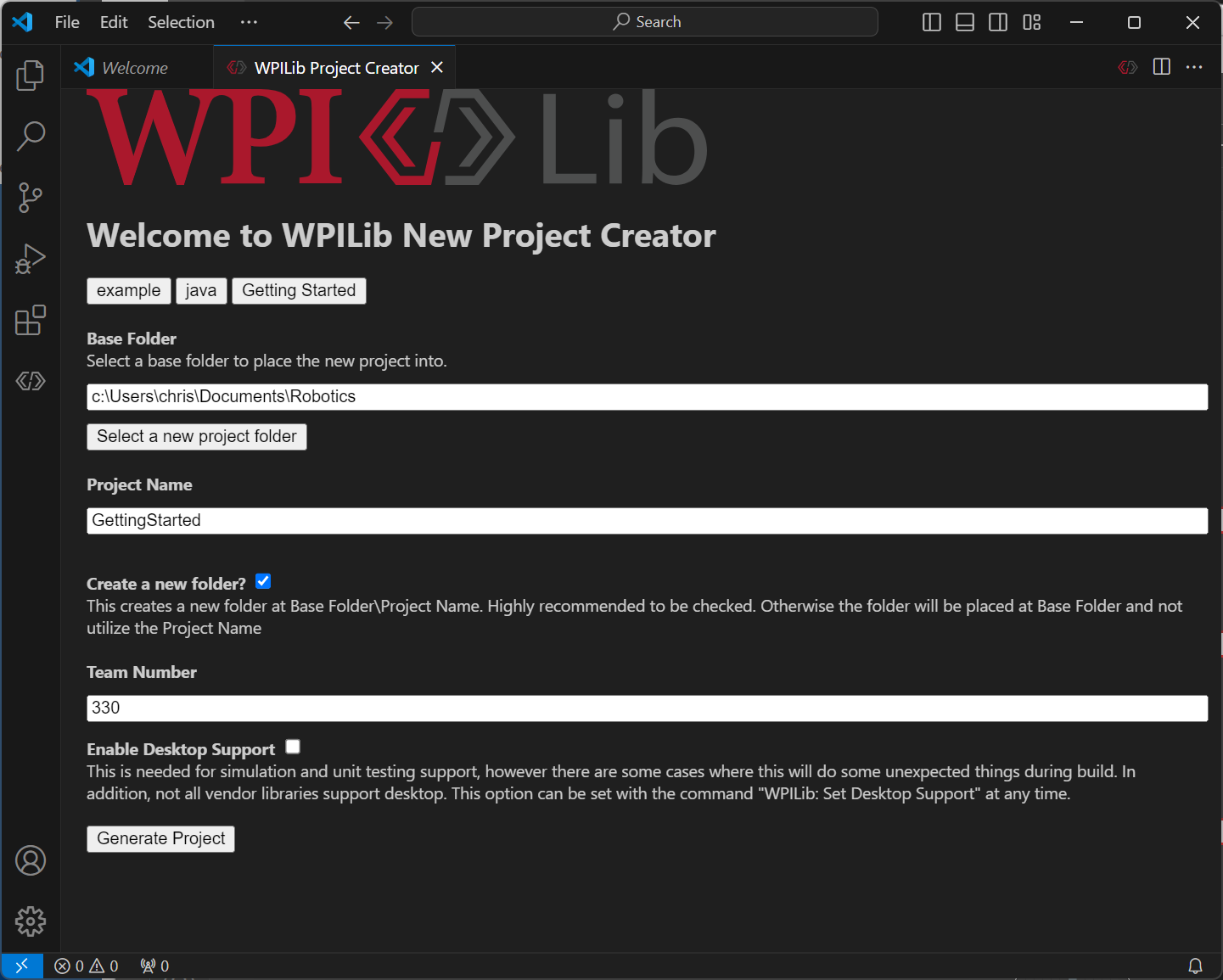The new project creator screen filled out.