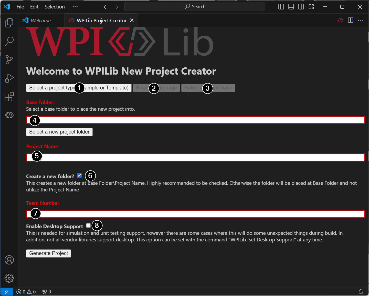 The different parts of the new project creation window.